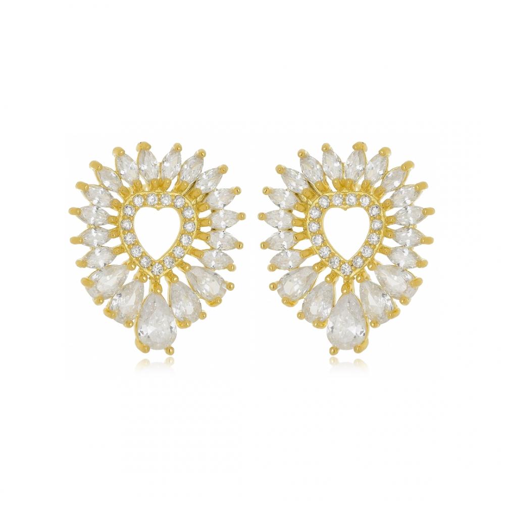 Brinco de coração cravejado com zircônia folheado a ouro 18k