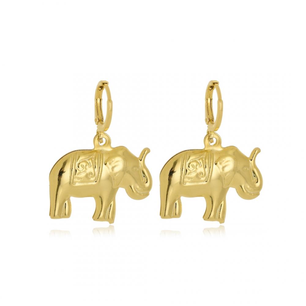 Brinco argola click com pingente de elefante folheado a ouro 18k