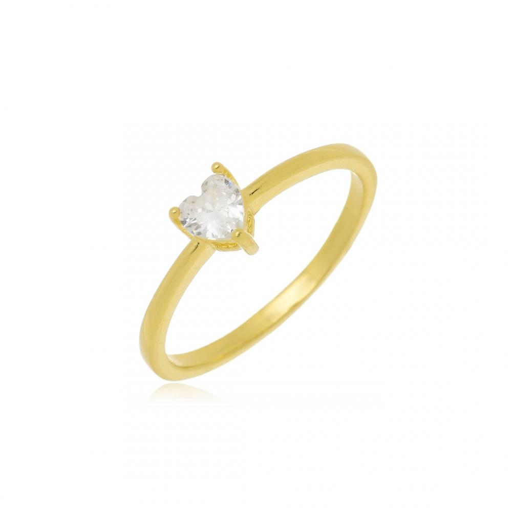Anel de coração solitário cravejado com zircônia banhado  a ouro 18k