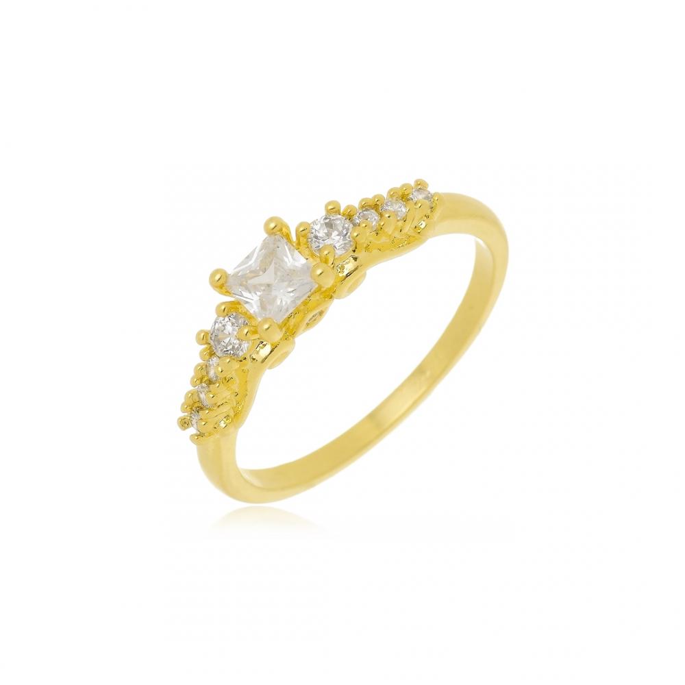 Anel princesa com zircônia cravejada banhado a ouro 18k