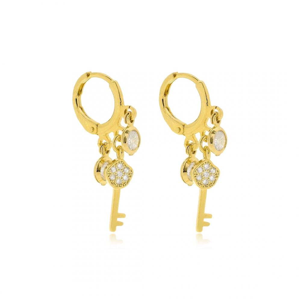 Brinco argola click com pingentes de ponto de luz e chave banhado  a ouro 18k