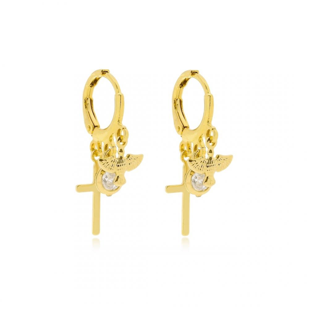 Brinco argola click com pingentes religiosos banhado  a ouro 18k 