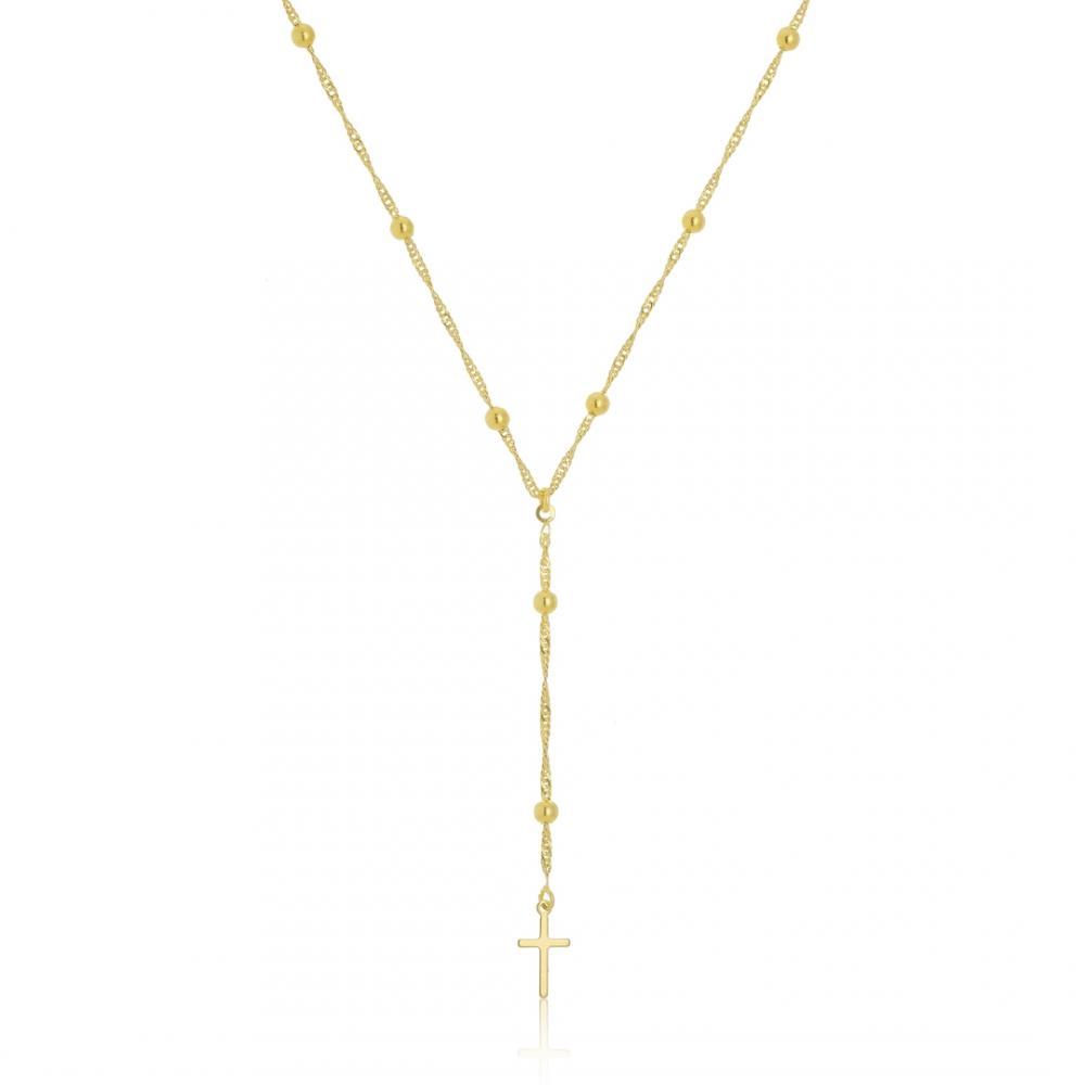 Colar Terço gravata com pingente de cruz e micro bolas banhado  a ouro 18k