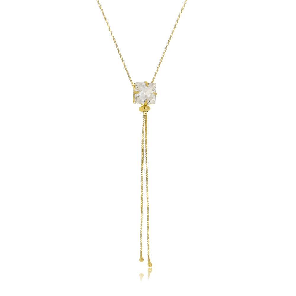 Colar gravata ajustável com pingente de quadrado na cor cristal folheado a ouro 18k