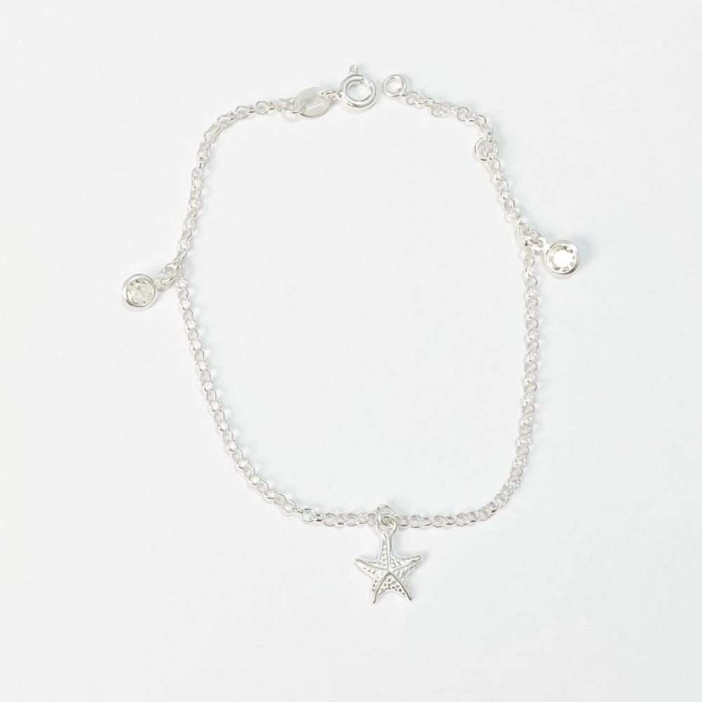 Pulseira com zircônia cristal e pingente de estrela do mar de prata 925