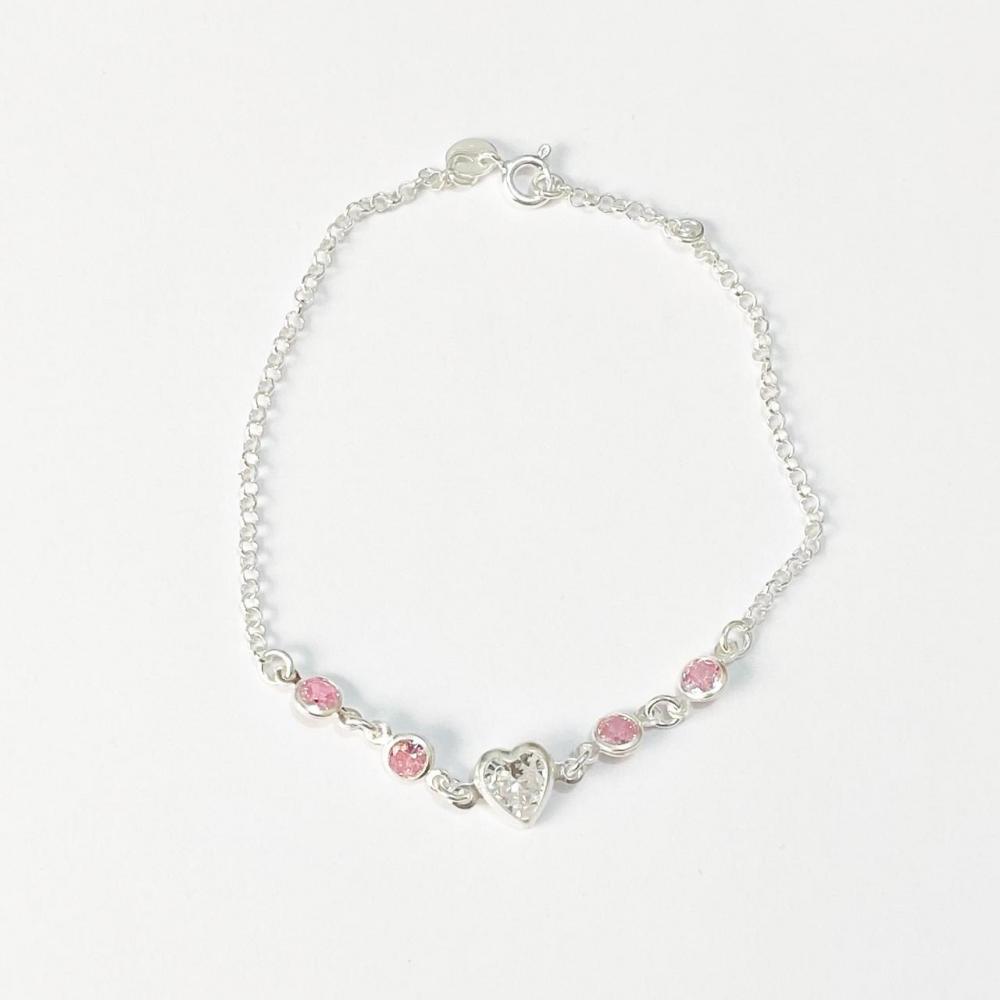  Pulseira com zircônia rosa e pingente de coração de prata 925