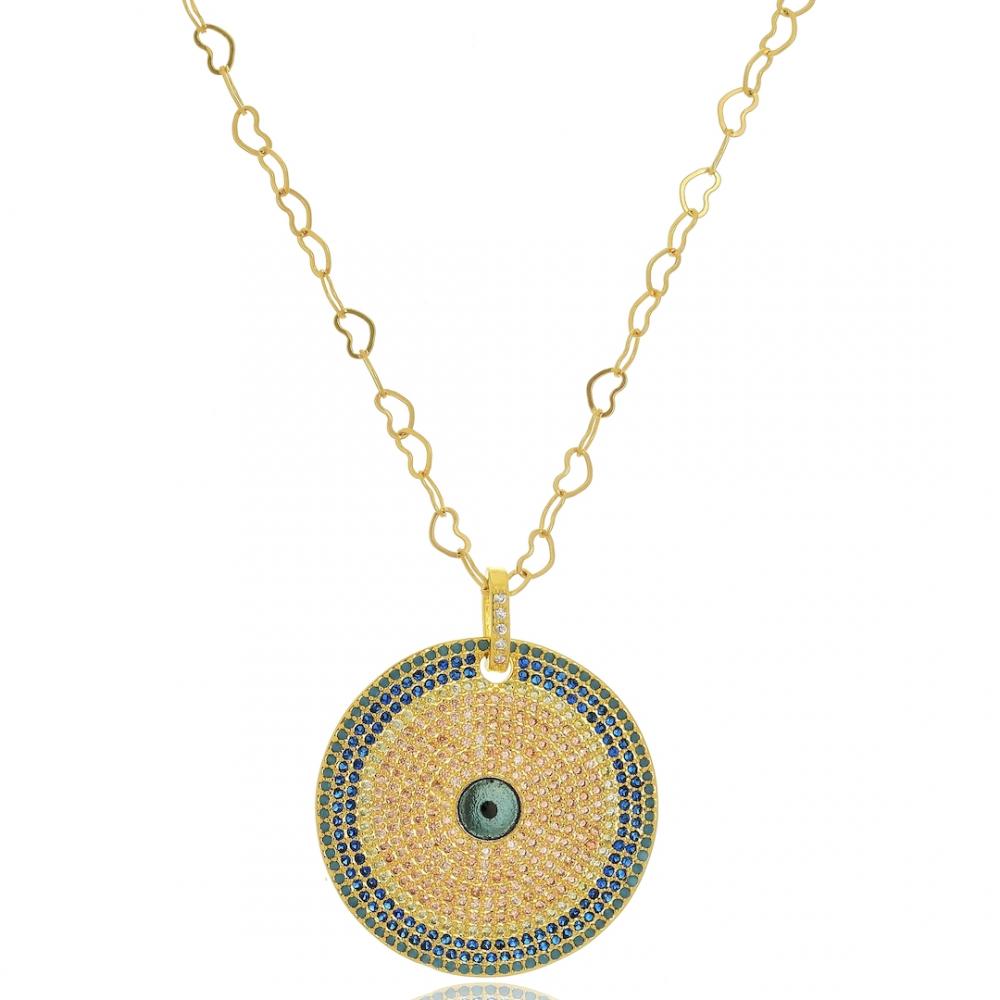 Colar com pingente de Zircônia Olho Grego com corrente de coração folheada a ouro 18k