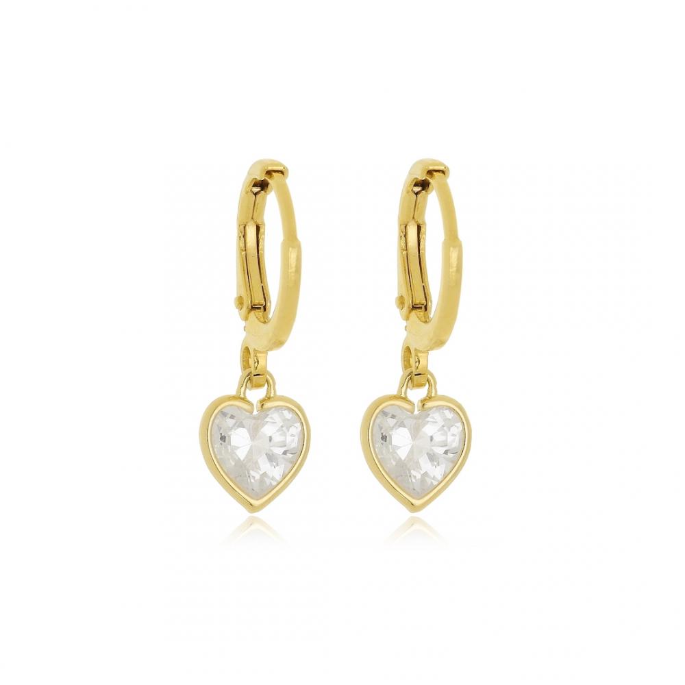 Brinco de argola click com pingente de coração cravejado com zircônia folheada a ouro 18k