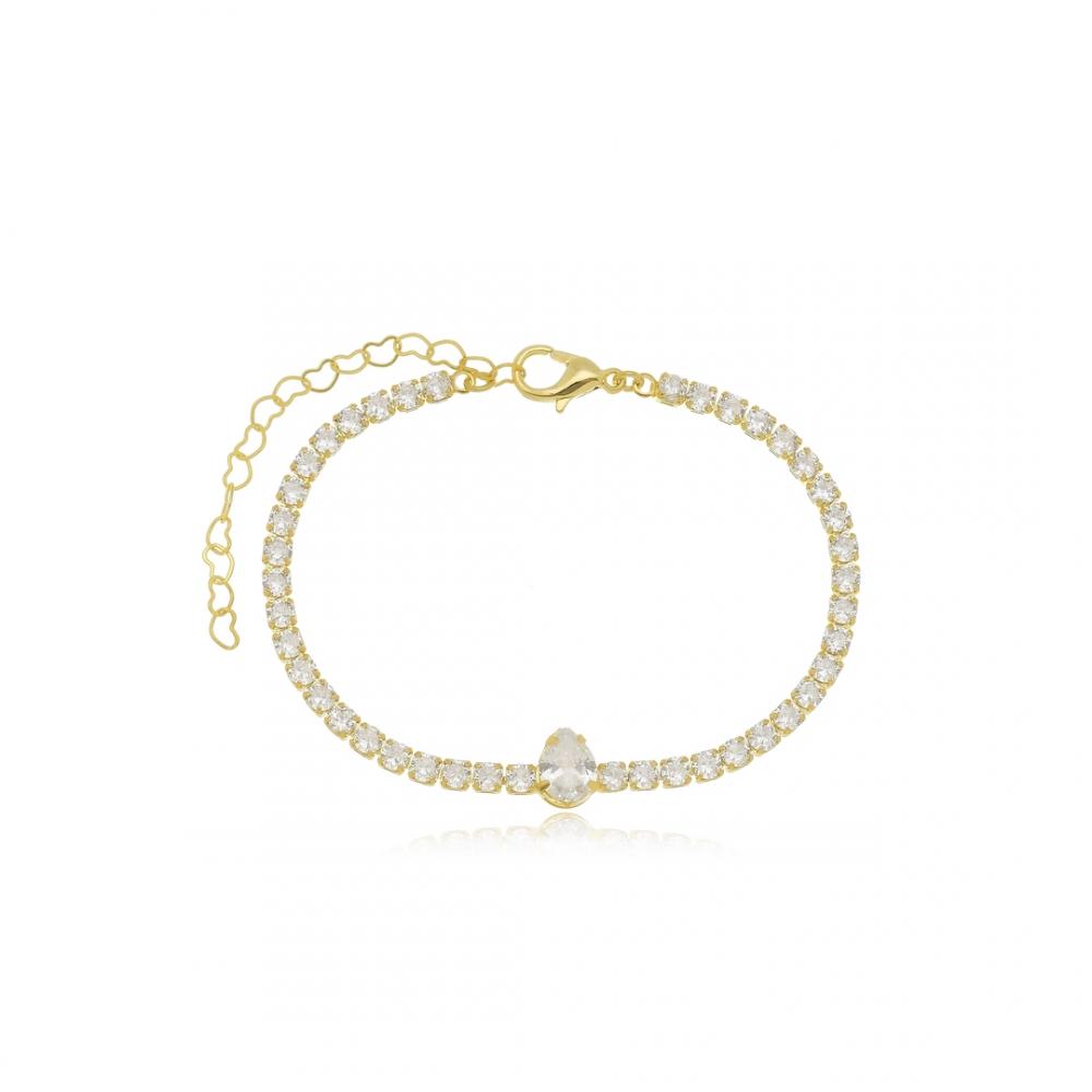 Pulseira riviera com pingente de gota cravejado banhada a ouro 18k 