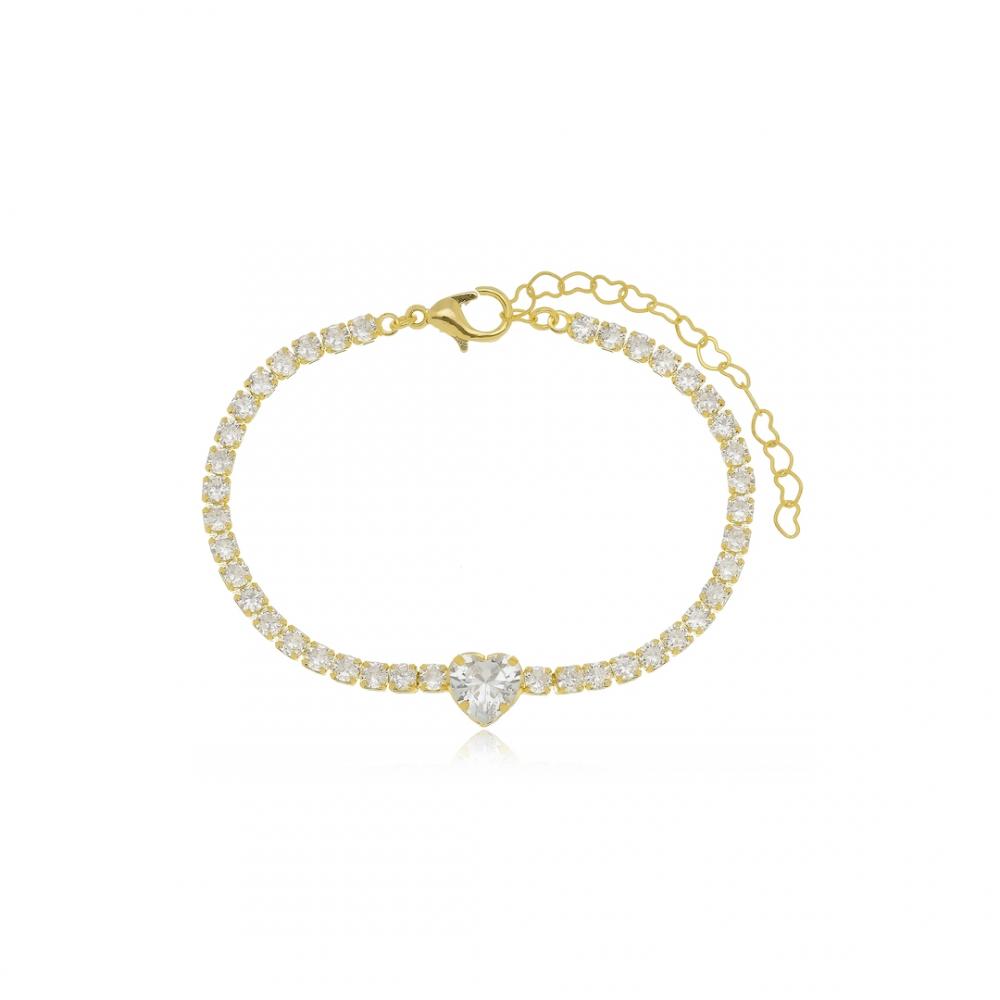 Pulseira riviera com pingente de coração cravejado banhada a ouro 18k