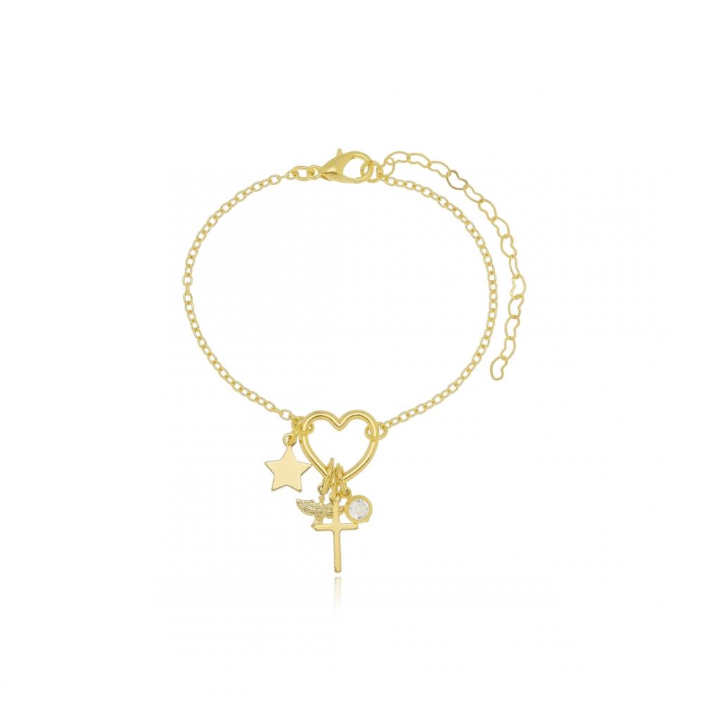 Pulseira de coração com pingentes diversos banhada a ouro 18k 
