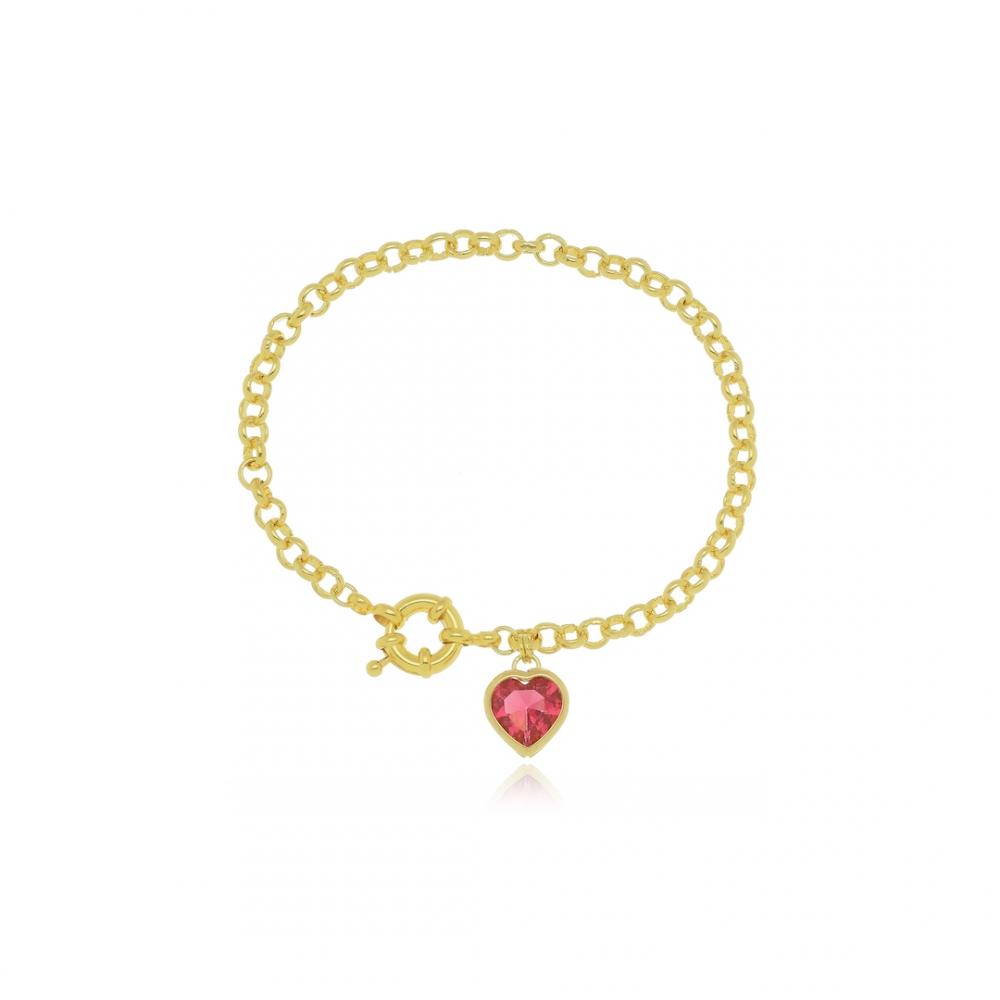 Pulseira de elo português com pingente de coração e fecho de boia banhada a ouro 18k 