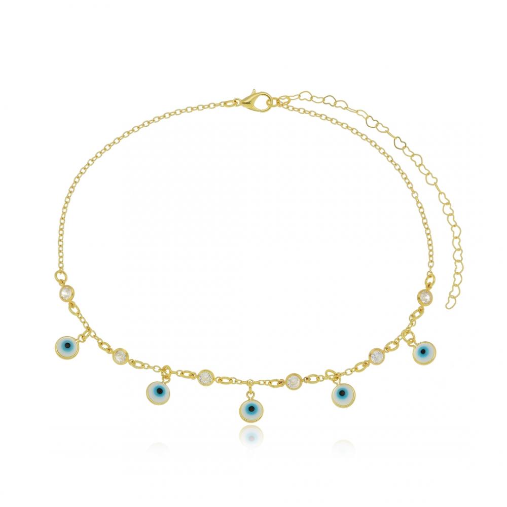 Choker com pingentes de olho grego e ponto de luz folheada a ouro 18k
