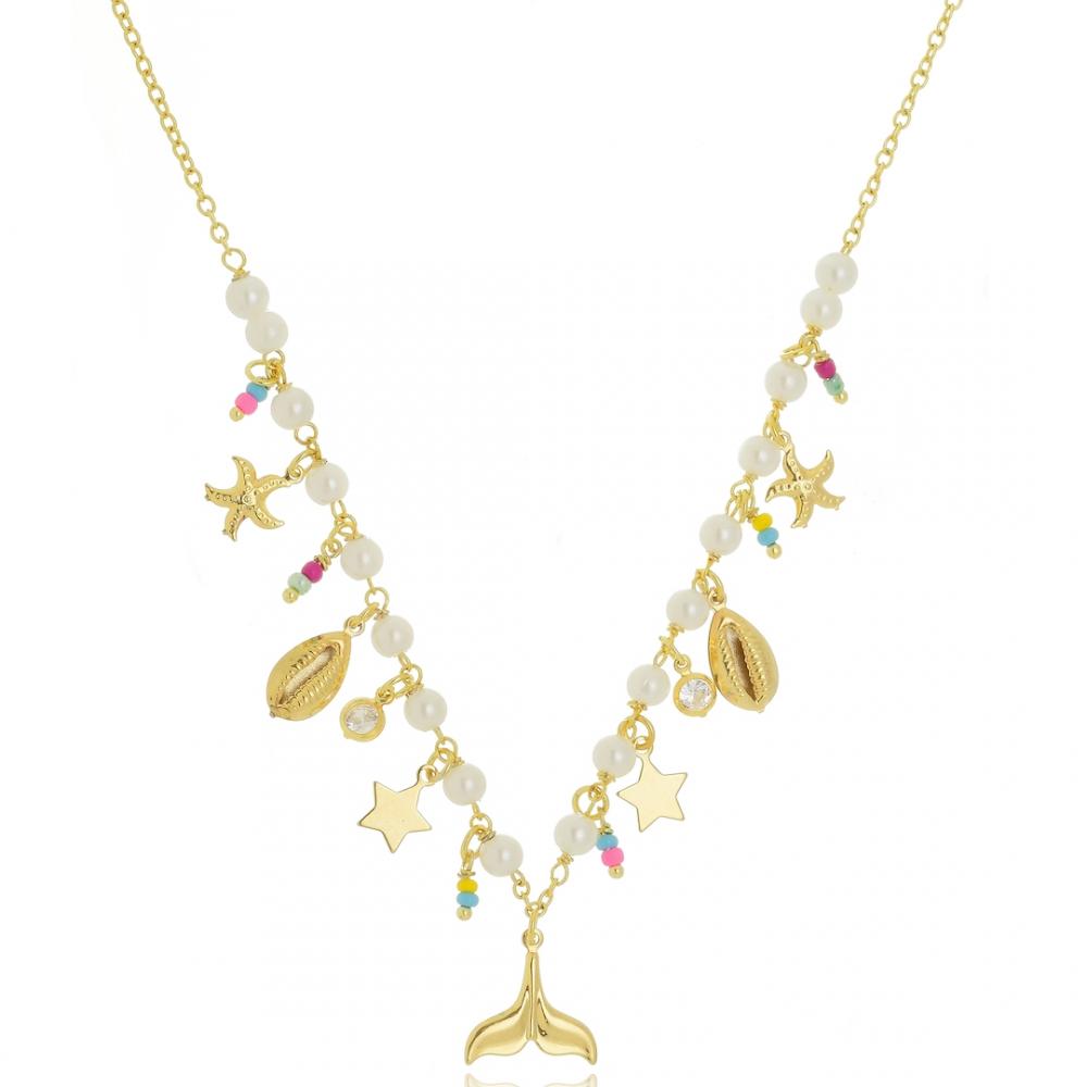 Colar com pérola e pingentes diversos folheado a ouro 18k