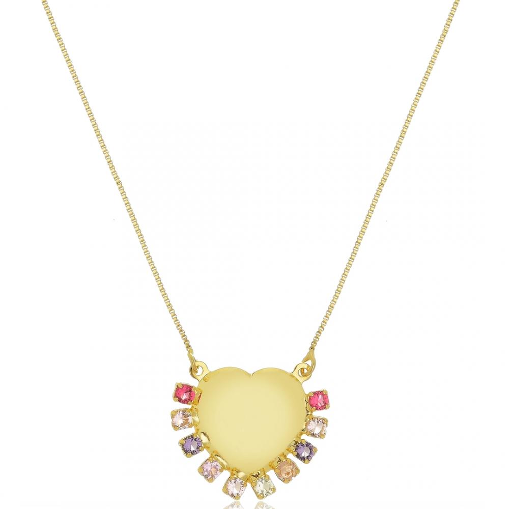 Colar com pingente de coração cravejado com zircônia colorida banhado a ouro 18k