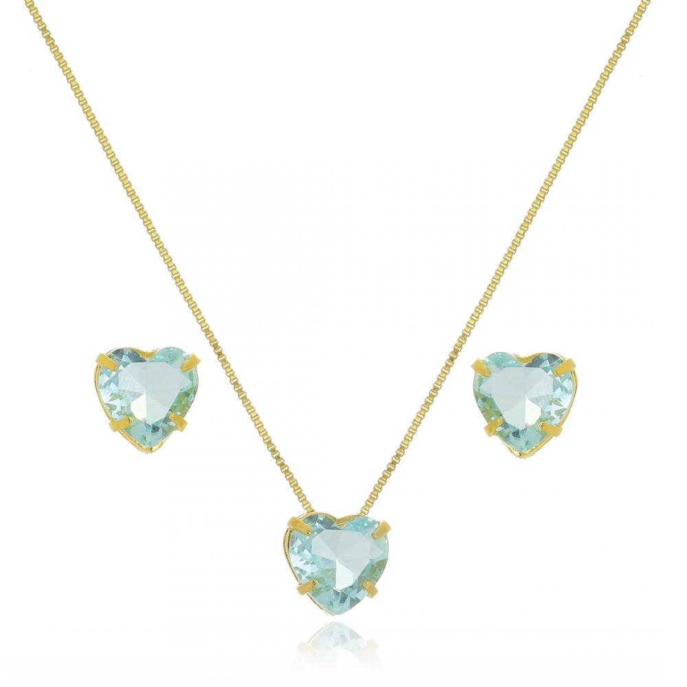 Conjunto de coração cravejado com zircônia banhado a ouro 18k