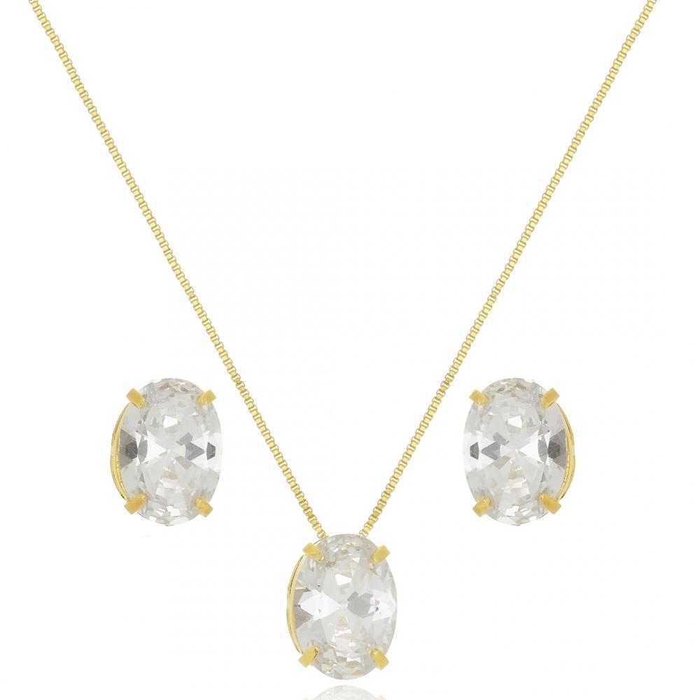 Conjunto redondo cravejado folheado a ouro 18k