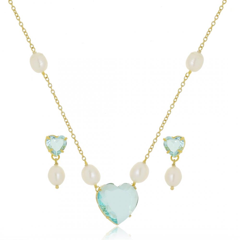 Conjunto de coração cravejado com pérolas folheado a ouro 18k