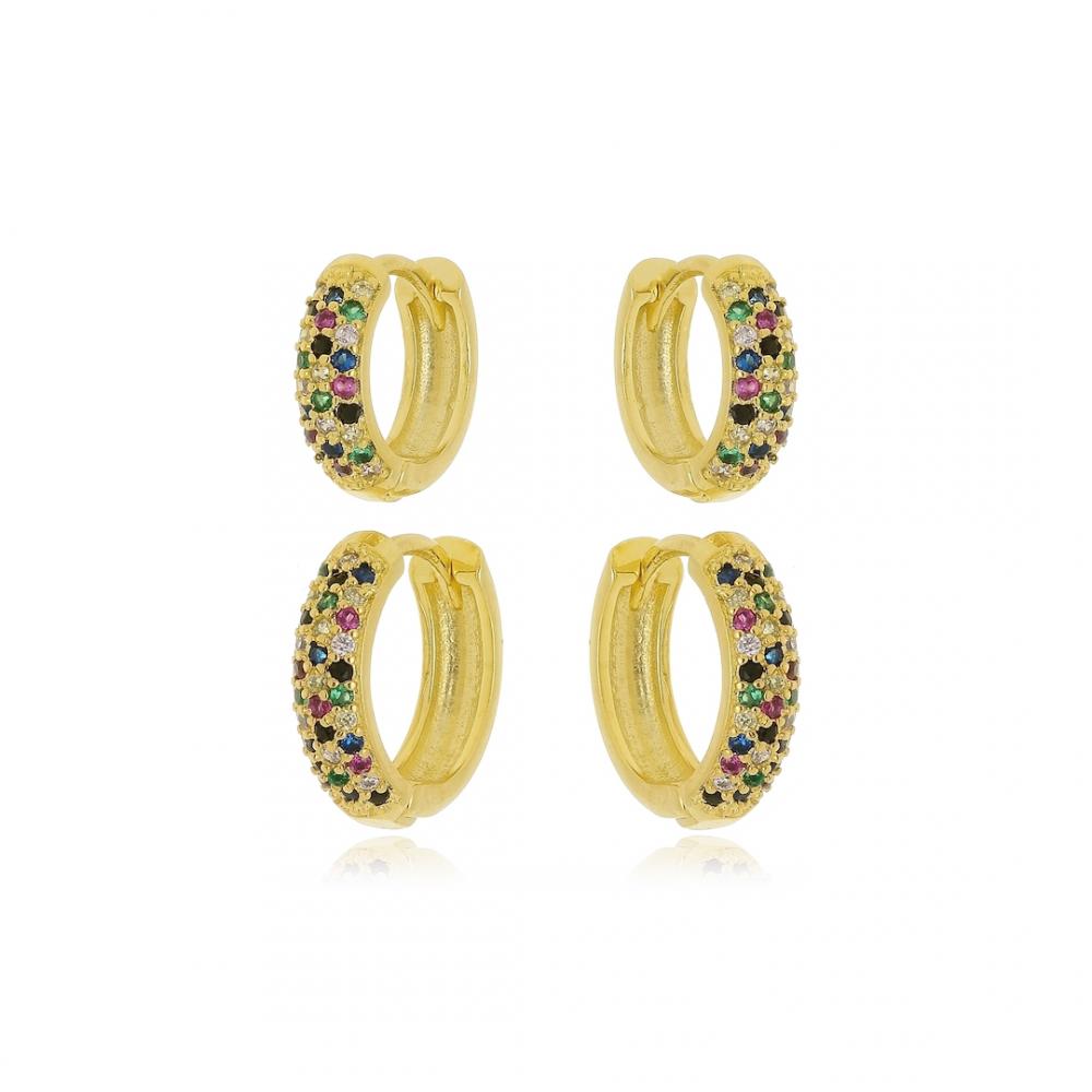 Dueto de argolas cravejadas com zircônia colorida folheado a ouro 18k  