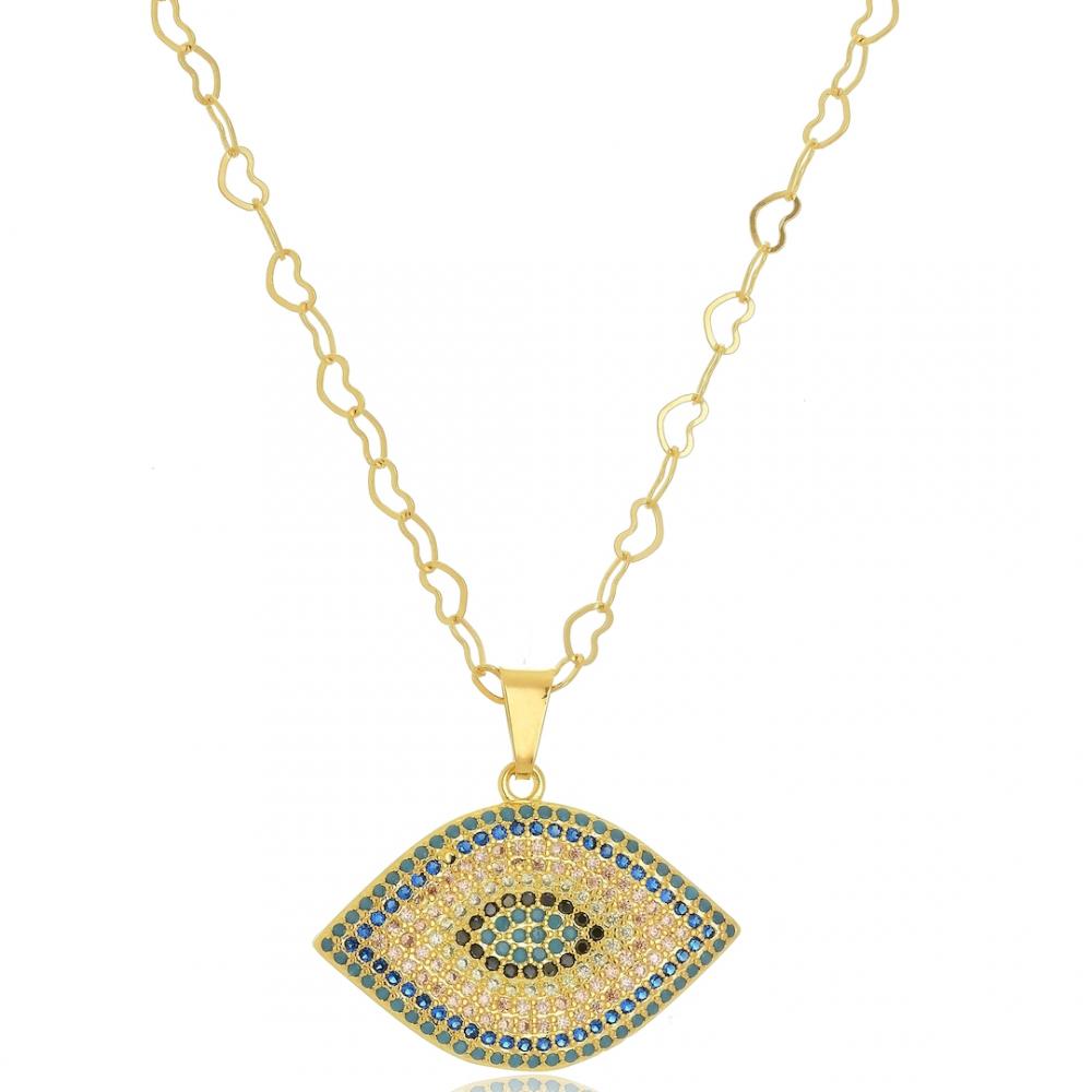 Colar com pingente de olho grego cravejado banhado a ouro 18k 