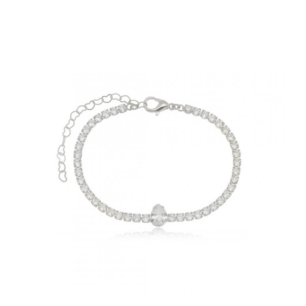 Pulseira riviera com pingente de gota cravejado na cor prata ródio branco 