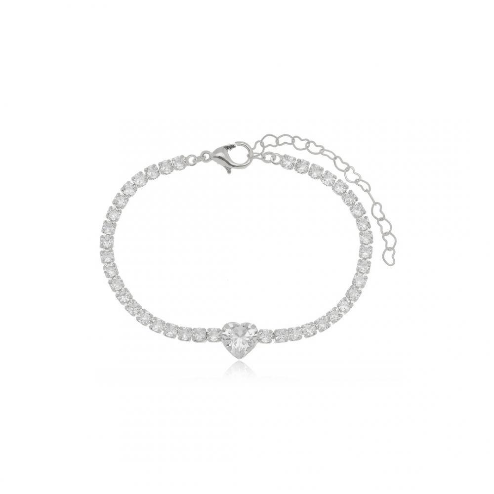 Pulseira riviera com pingente de coração cravejado na cor prata ródio branco