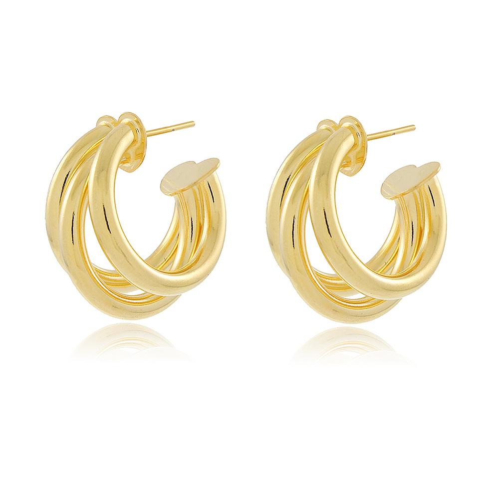 Brinco de argola tubo triplo folheado a ouro 18k