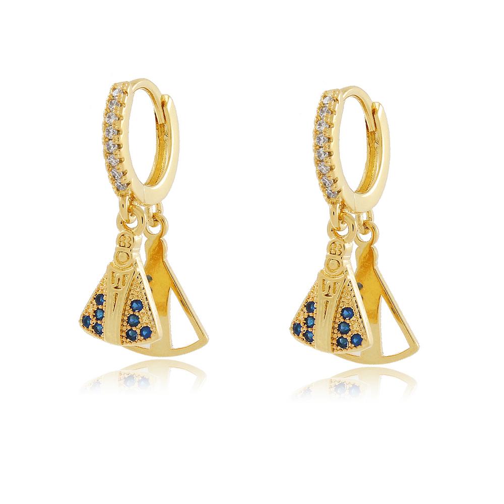 Brinco de argola cravejada click com pingente de Nossa Senhora cravejado banhado a ouro 18k