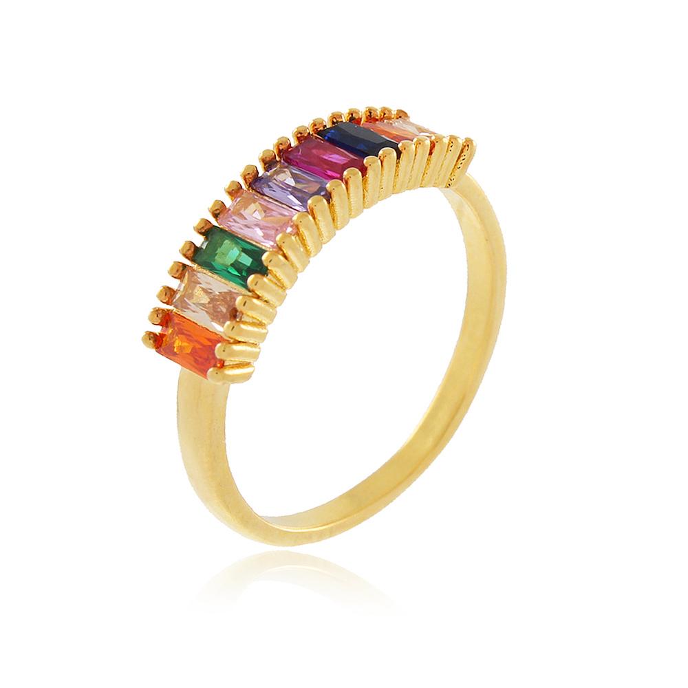 Anel cravejado com zircônia colorida banhado a ouro 18k