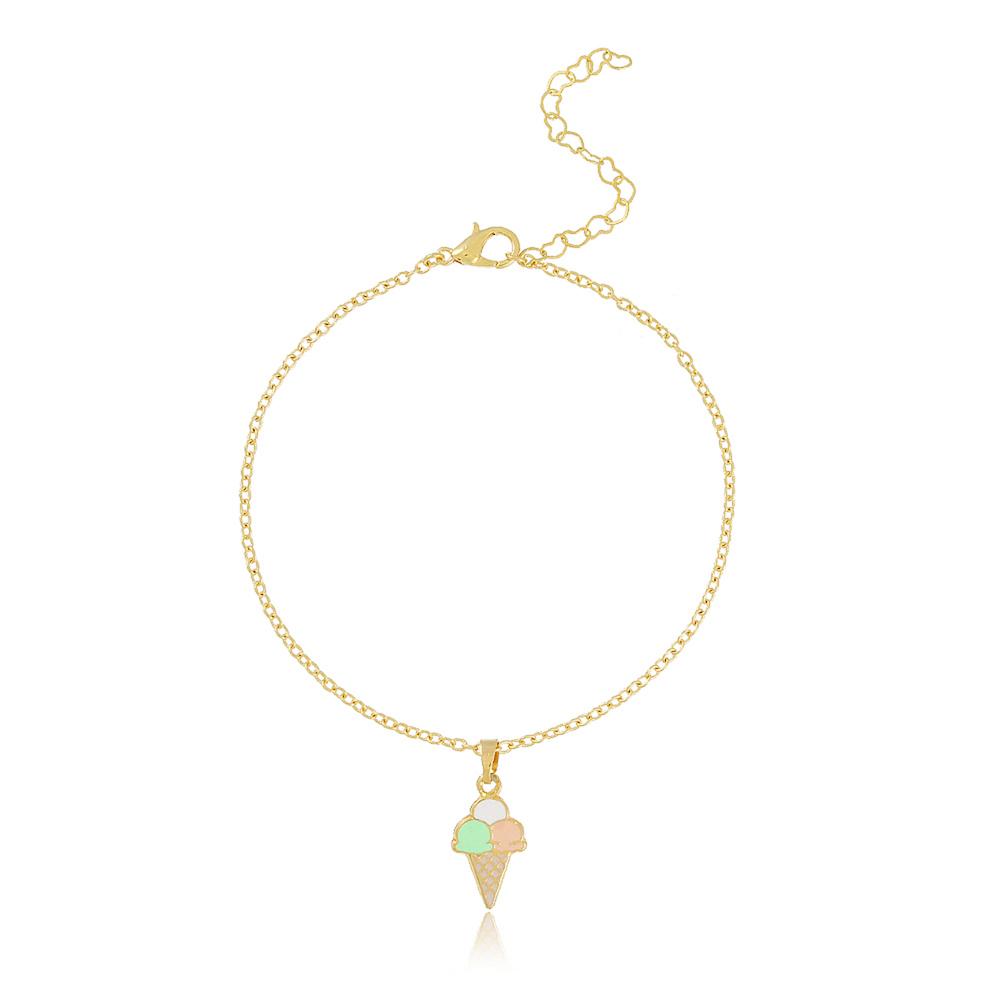 pulseira infantil com pingente de sorvete banhada a ouro 18k  