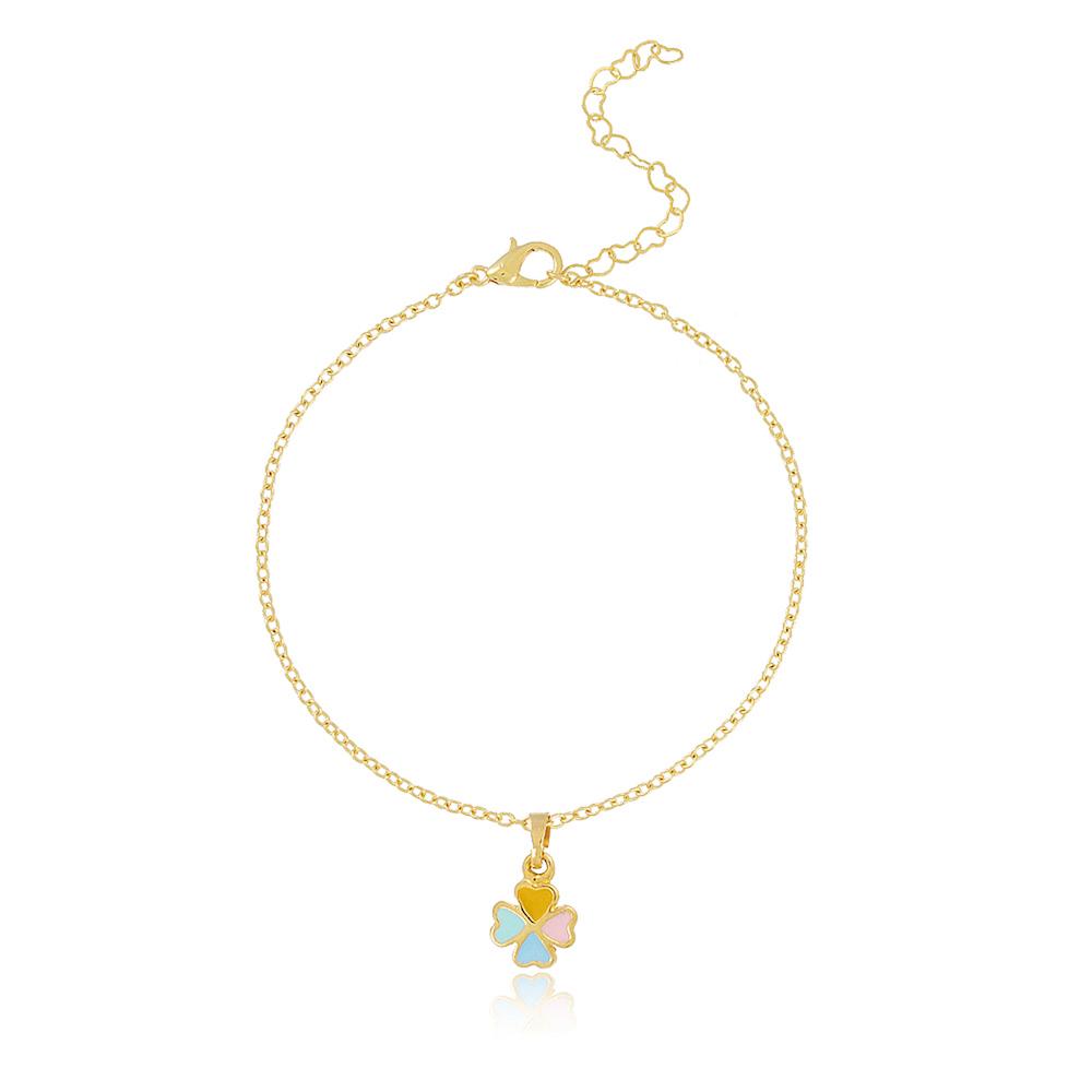 colar infantil com pingente de trevo de quatro folhas banhado a ouro 18k 