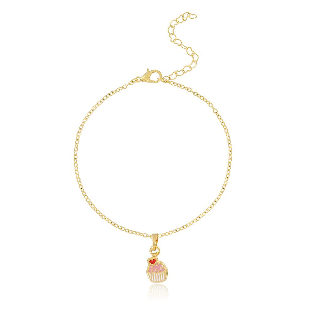 pulseira infantil com pingente de cupcake banhada a ouro 18k  