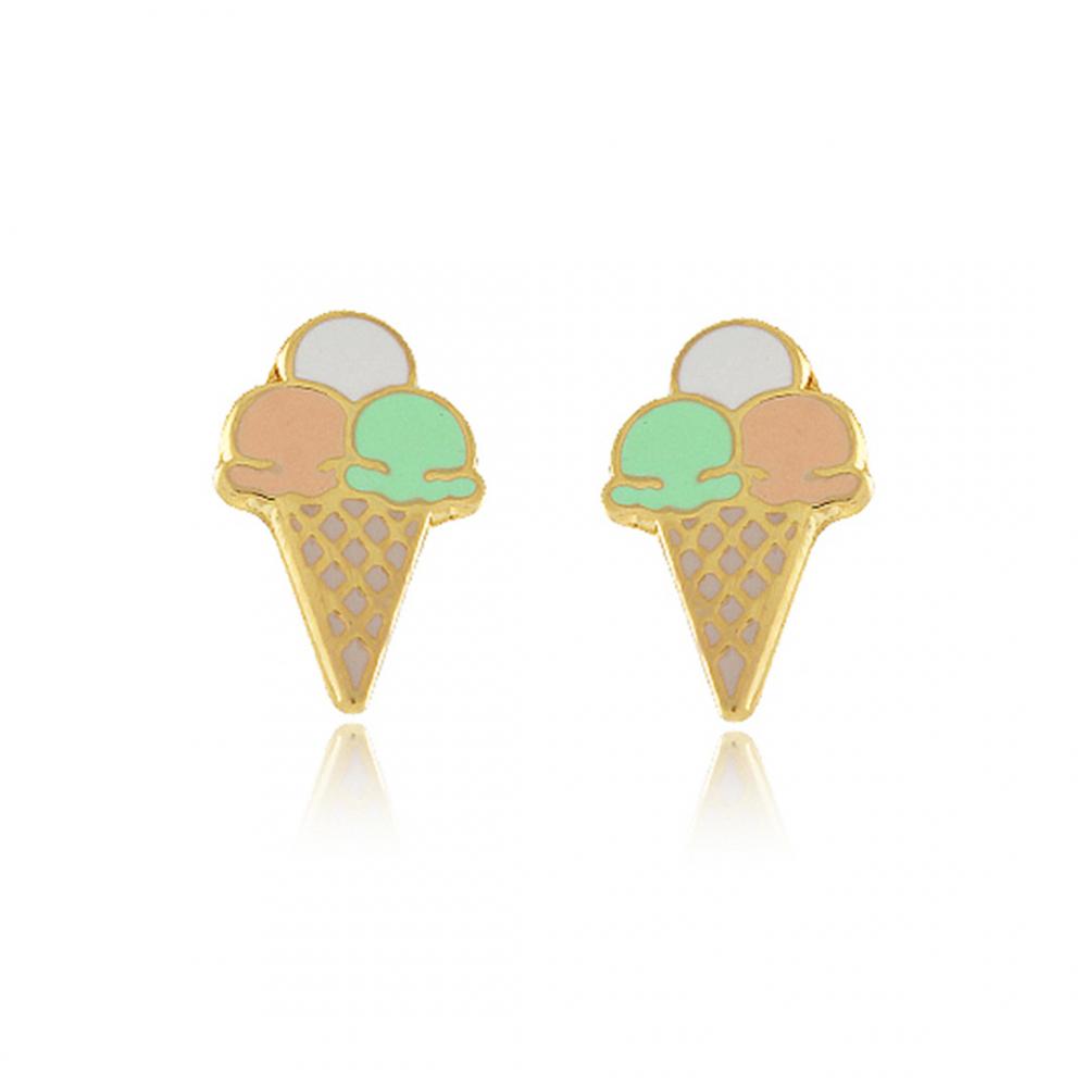 Brinco infantil de sorvete colorido banhado a ouro 18k