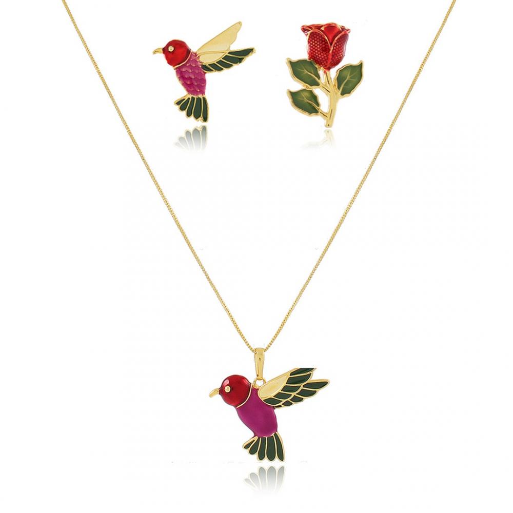 Conjunto resinado de beija-flor banhado a ouro 18k 