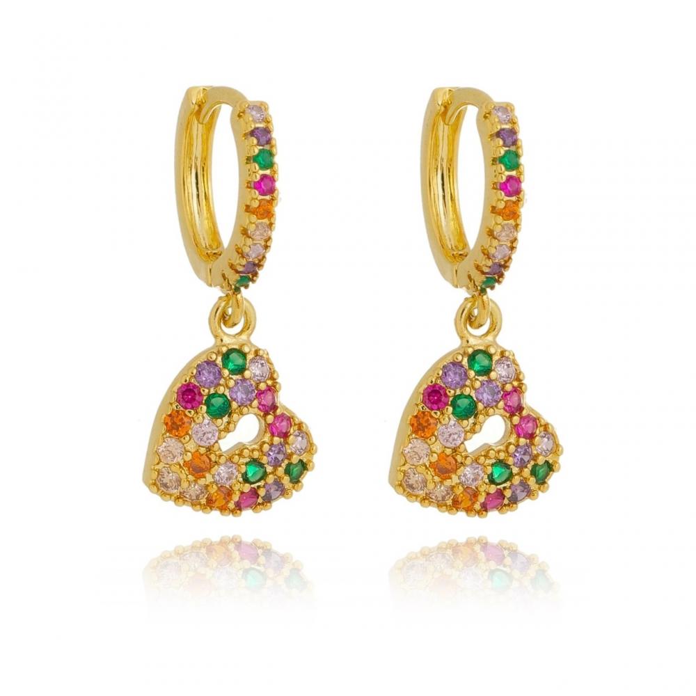 Brinco de argola cravejada click com pingente de coração cravejado banhado  a ouro 18k 