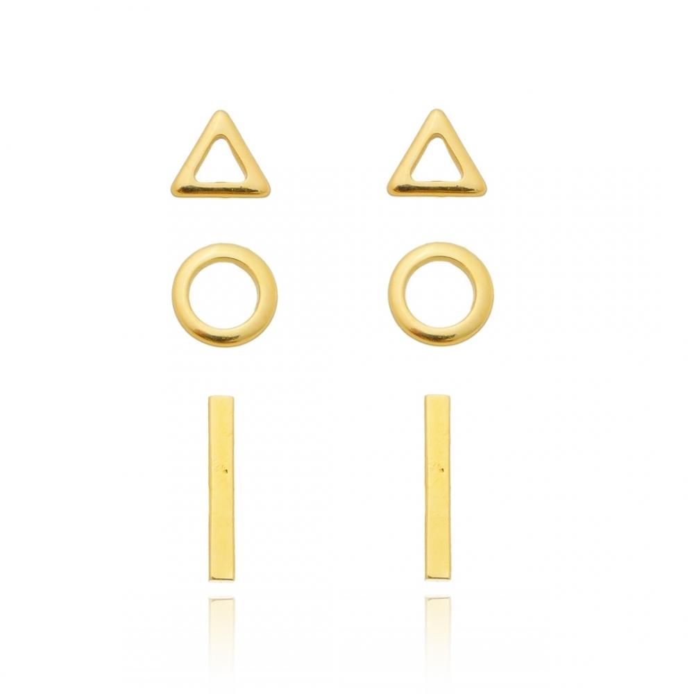 Trio de brinco minimalista banhado a ouro 18k 