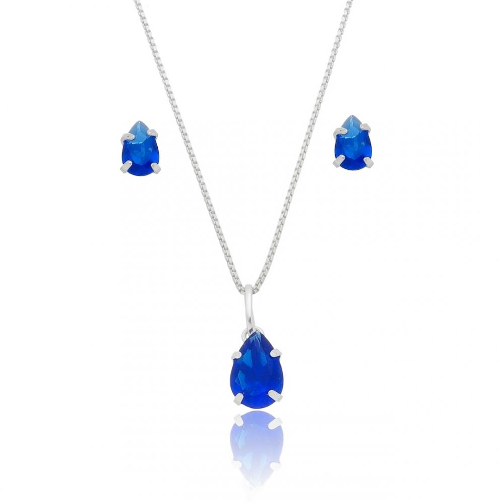 Conjunto de gota azul de prata 925