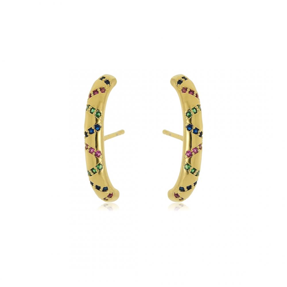 Brinco earhook cravejado com zircônia colorida banhado a ouro 18k