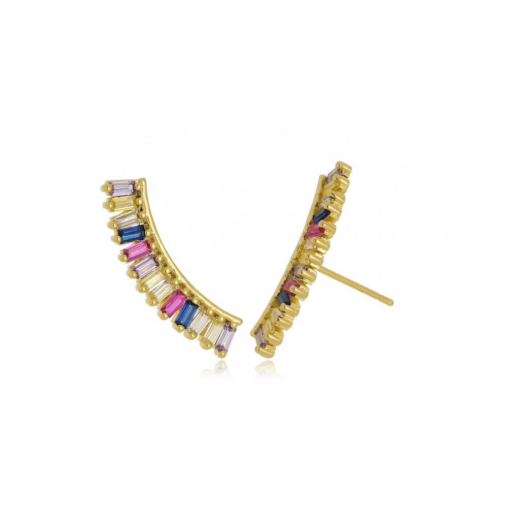 Brinco earcuff carre com zircônia colorida banhado a ouro 18k
