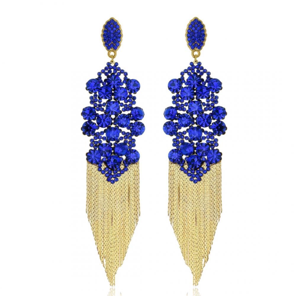 Brinco de strass azul com franja banhado a ouro 18k 