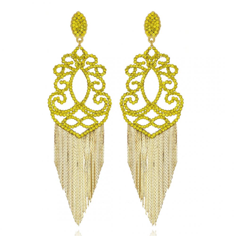 Brinco de strass amarelo com franja banhado a ouro 18k 