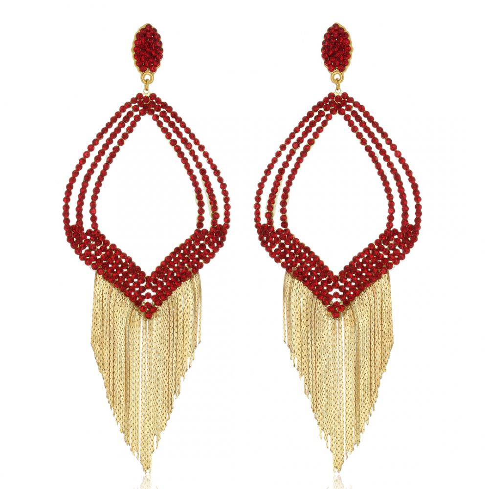 Brinco de strass vermelho com franja banhado a ouro 18k 