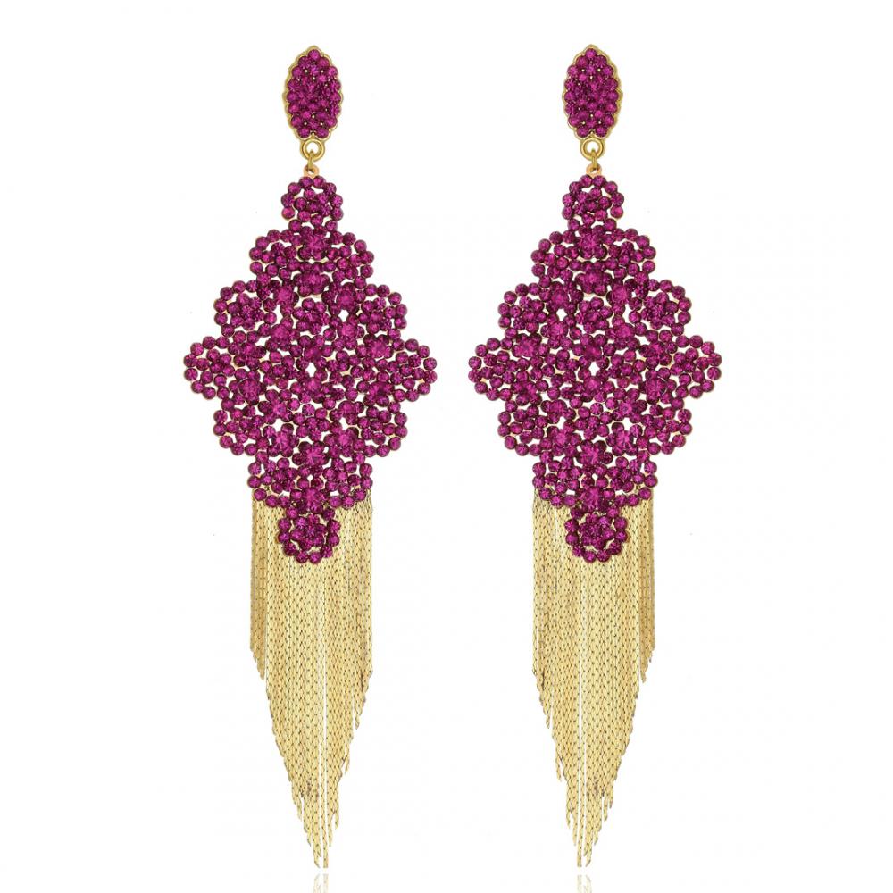 Brinco de strass rosa com franja banhado a ouro 18k 