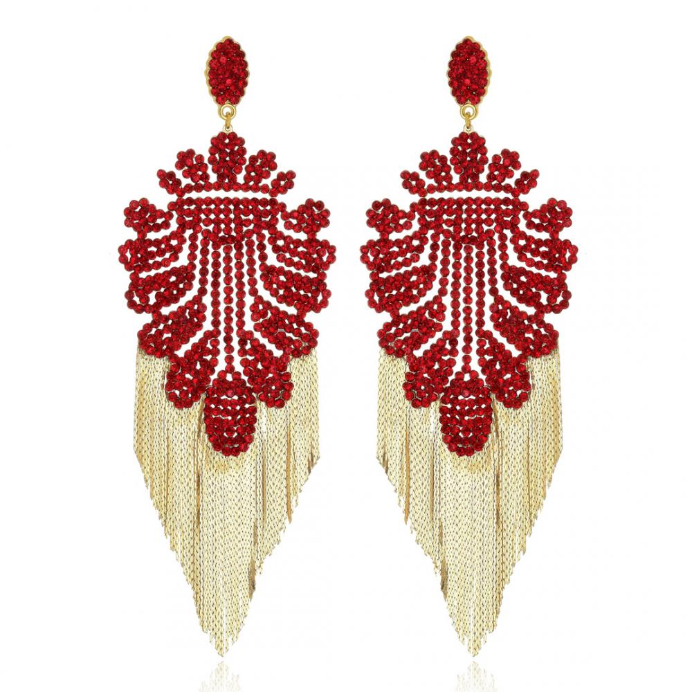 Brinco de strass vermelho com franja banhado a ouro 18k 