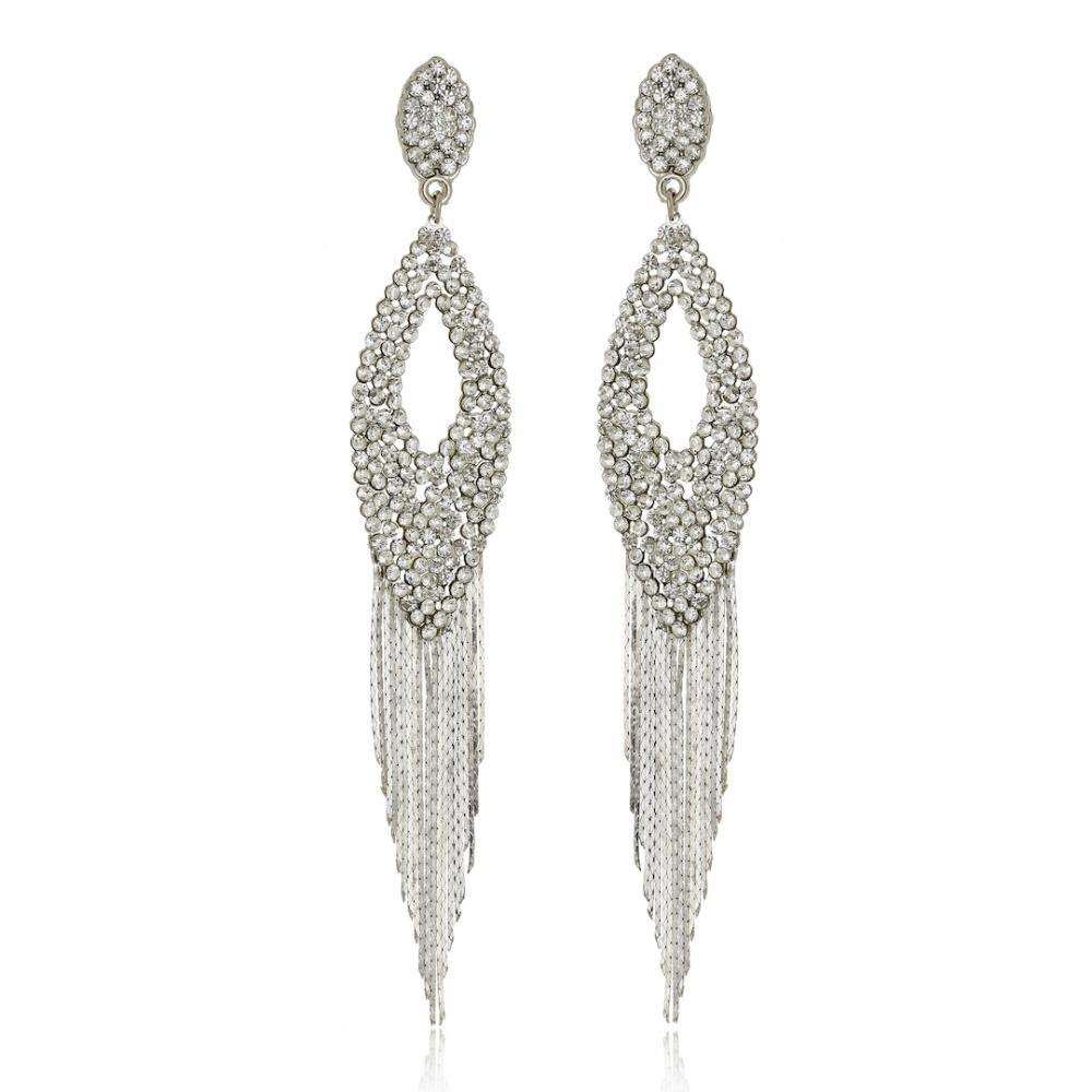 Brinco de strass cristal com franja na cor prata ródio branco
