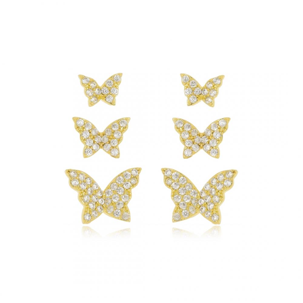 Trio de brinco de borboleta cravejado banhado em ouro 18k 
