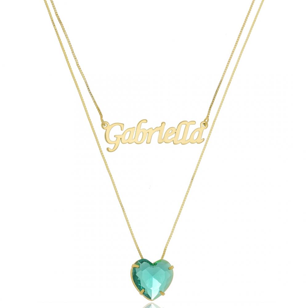 Colar duplo personalizado com nome e coração cravejado banhado a ouro 18k 