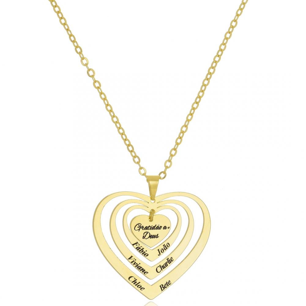 Colar de corações personalizado com nomes e frase banhado a ouro 18k