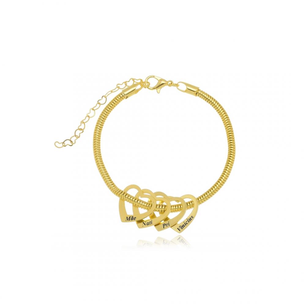Pulseira corrente rabo de rato com corações personalizados banhados em ouro 18k