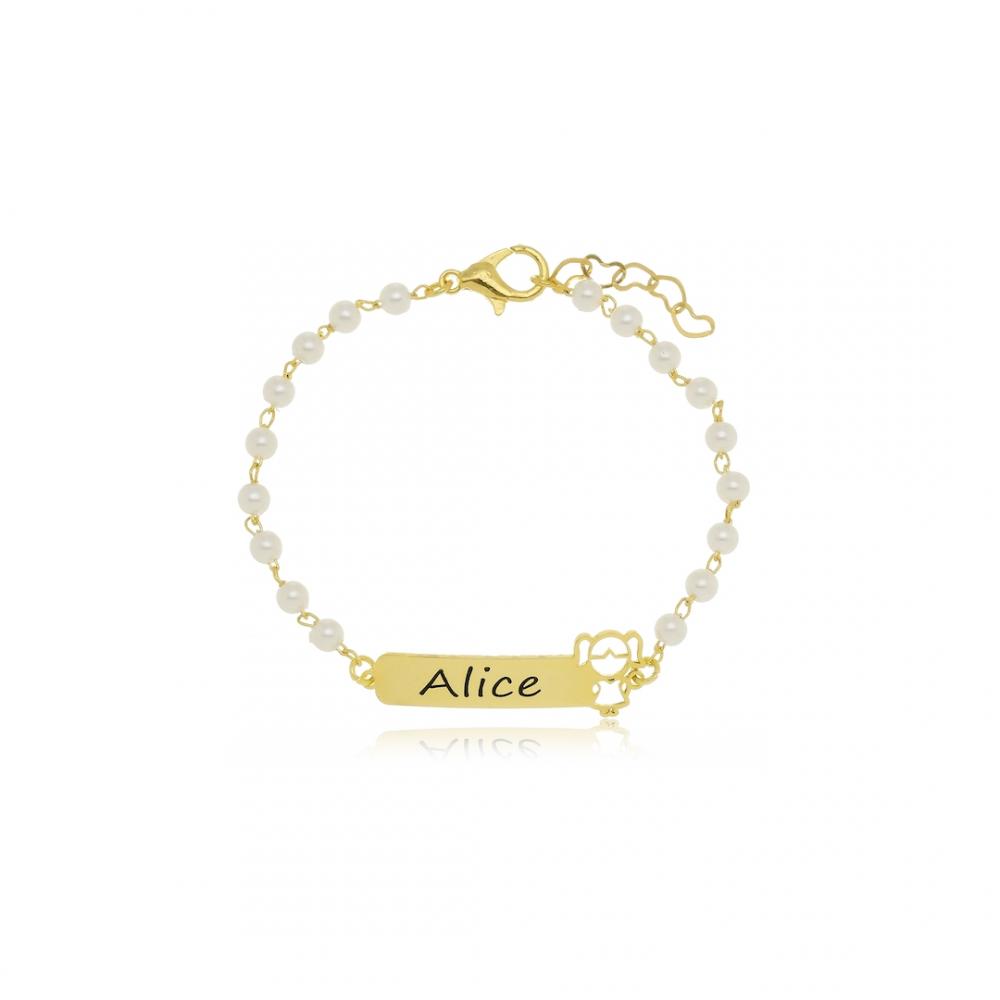 Pulseira infantil personalizada com  boneco e nome banhado a ouro 18k